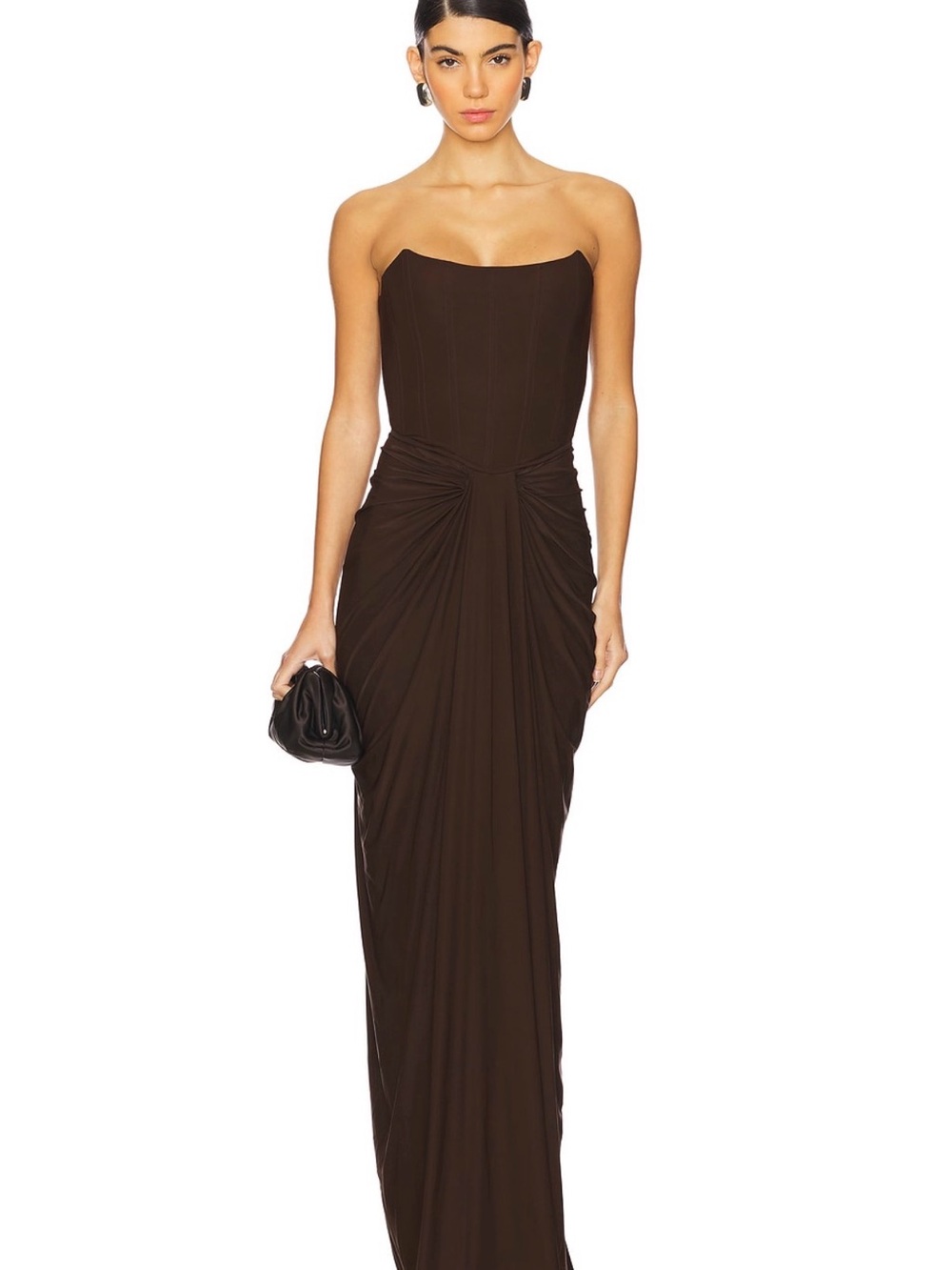 Strapless Brown Maxi Dress with Ruched Waist